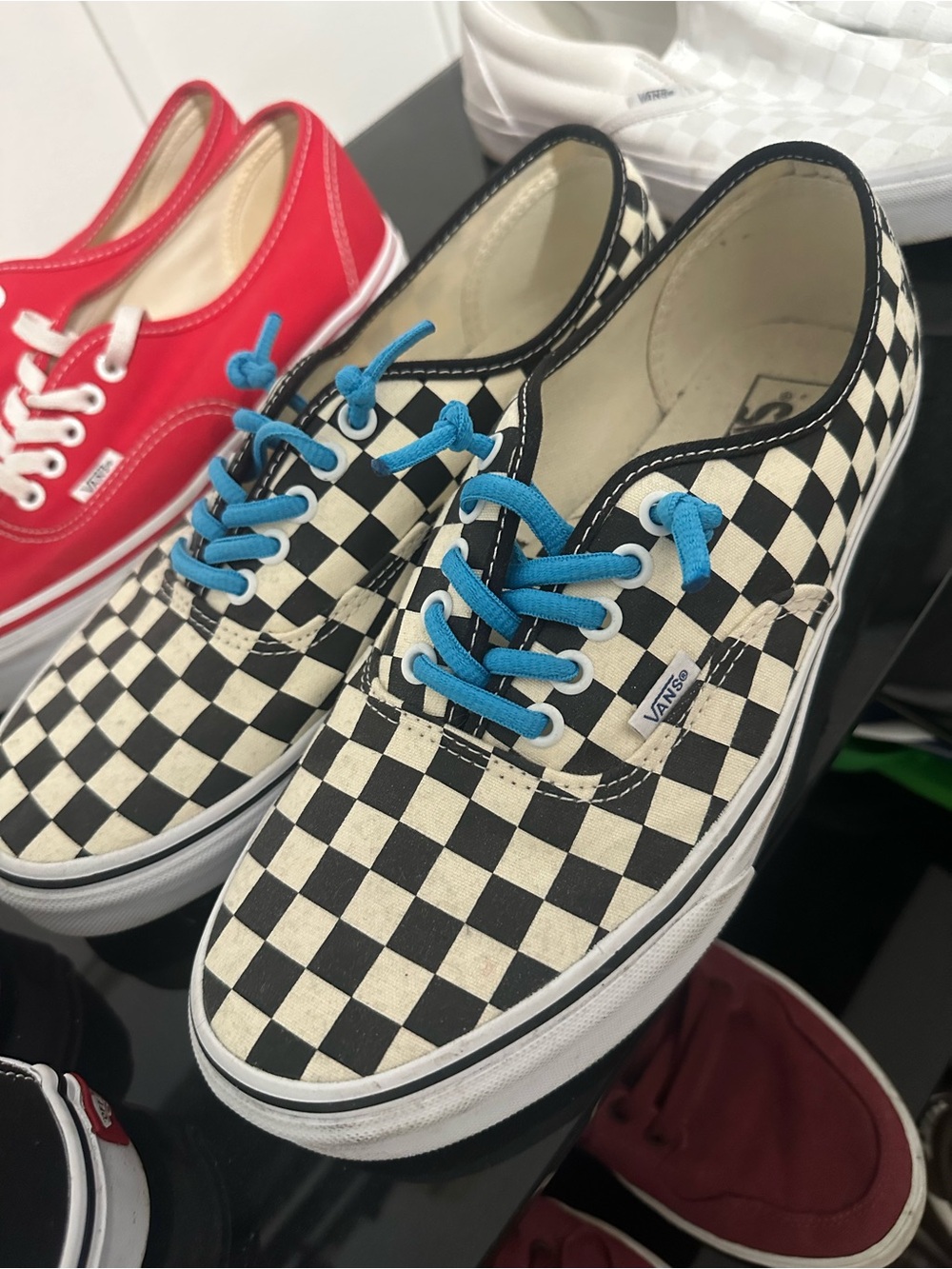 Vans Men’s Checkerboard Lace-Up Sneakers in Black, White & Blue